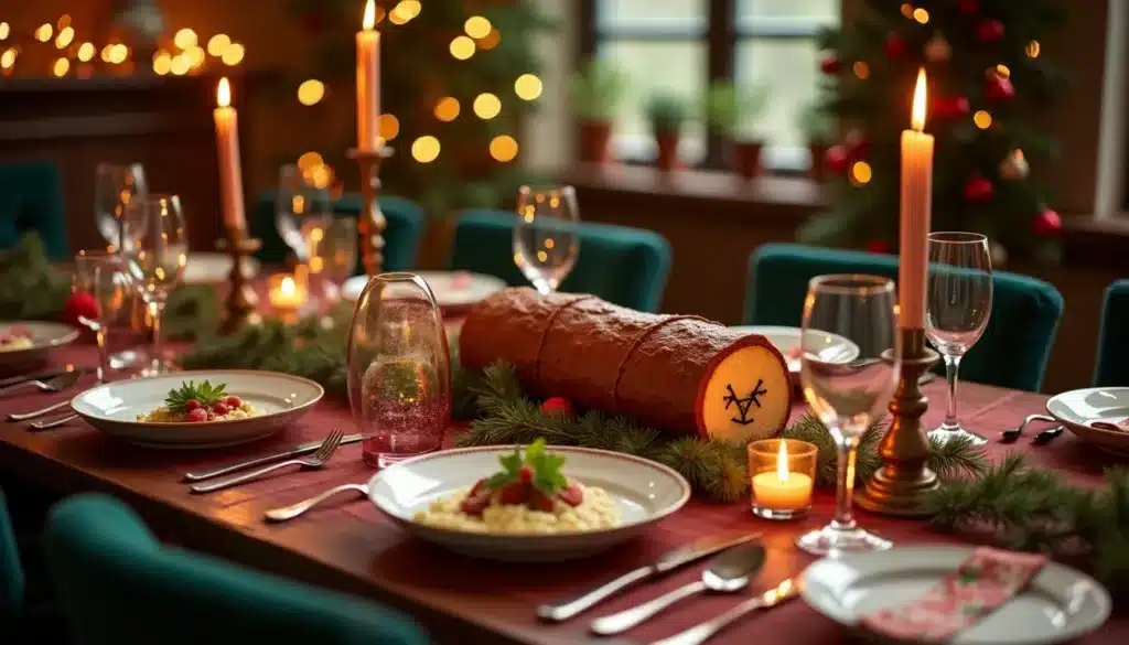 Dîner de Noël festif avec bûche et bougies