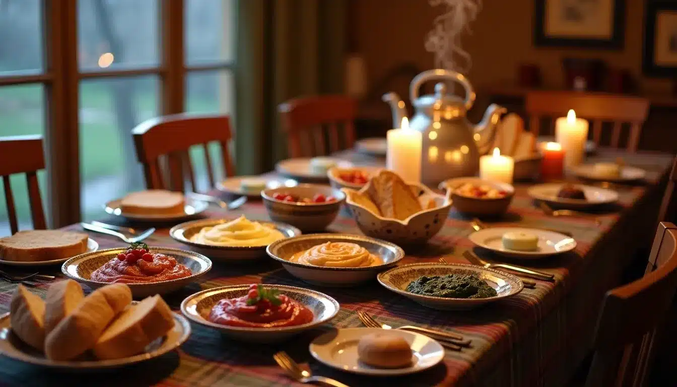 Table dressée avec plats et bougies allumées.