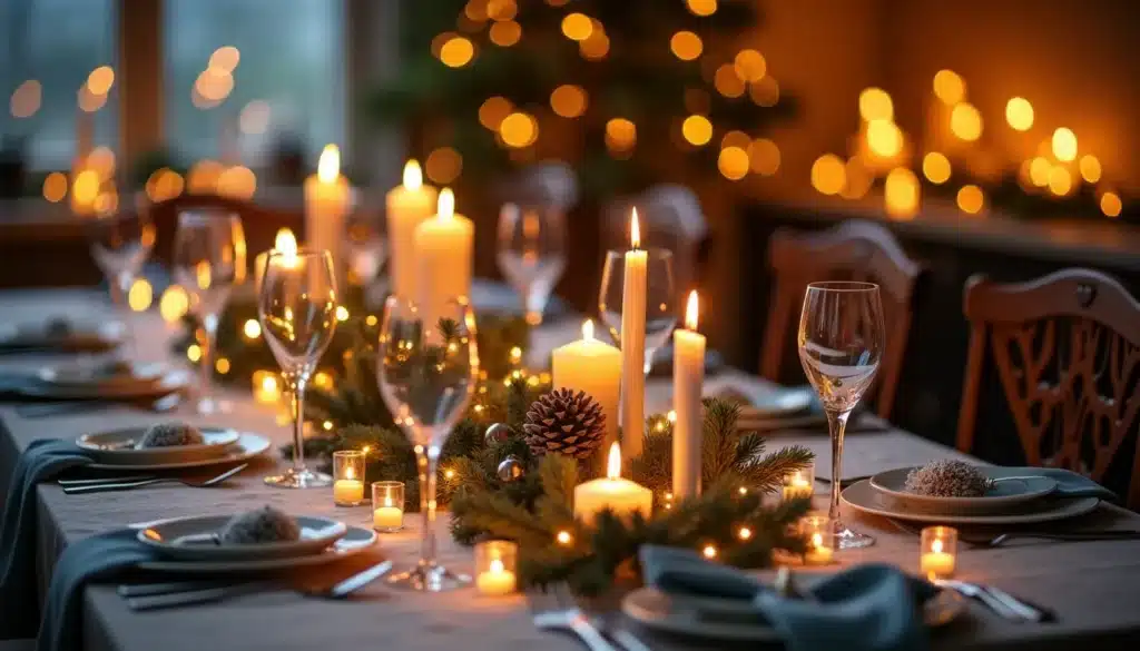 Table élégante avec bougies et décoration festive.