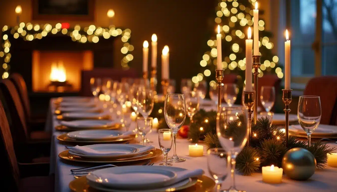 Table de Noël décorée avec bougies et cheminée allumée.