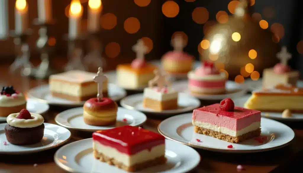 Assortiment de gâteaux sur assiettes blanches.