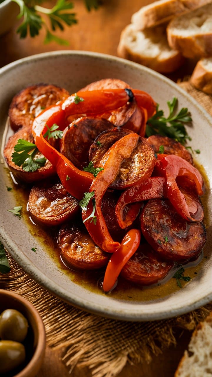 Assiette de chorizo grillé avec poivrons, persil, pain.
