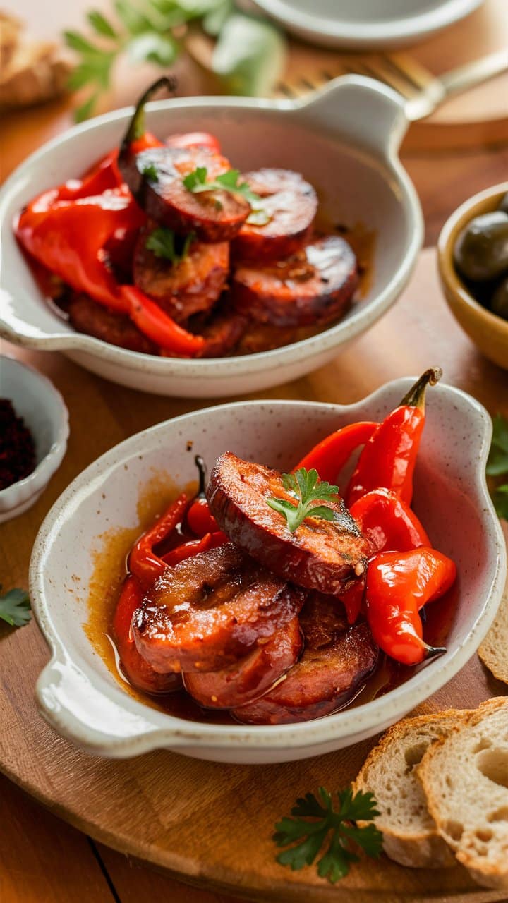 Tranches de chorizo et poivrons rouges grillés.