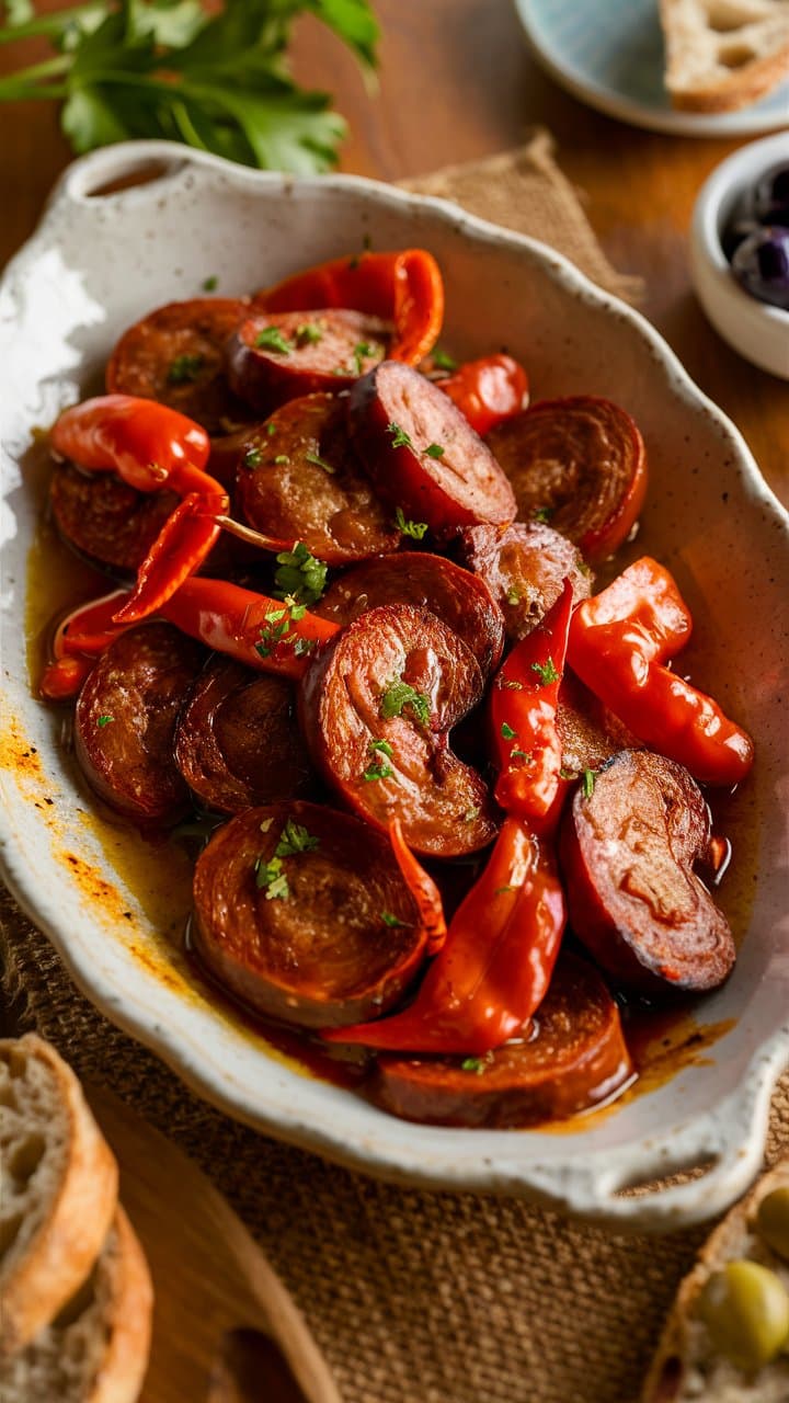 Plat de saucisse chorizo et piments grillés.