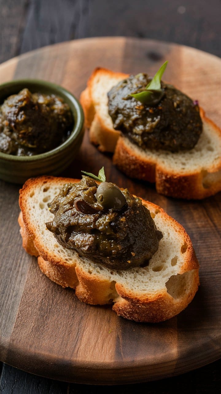 Tapenade sur baguette, service sur planche en bois.