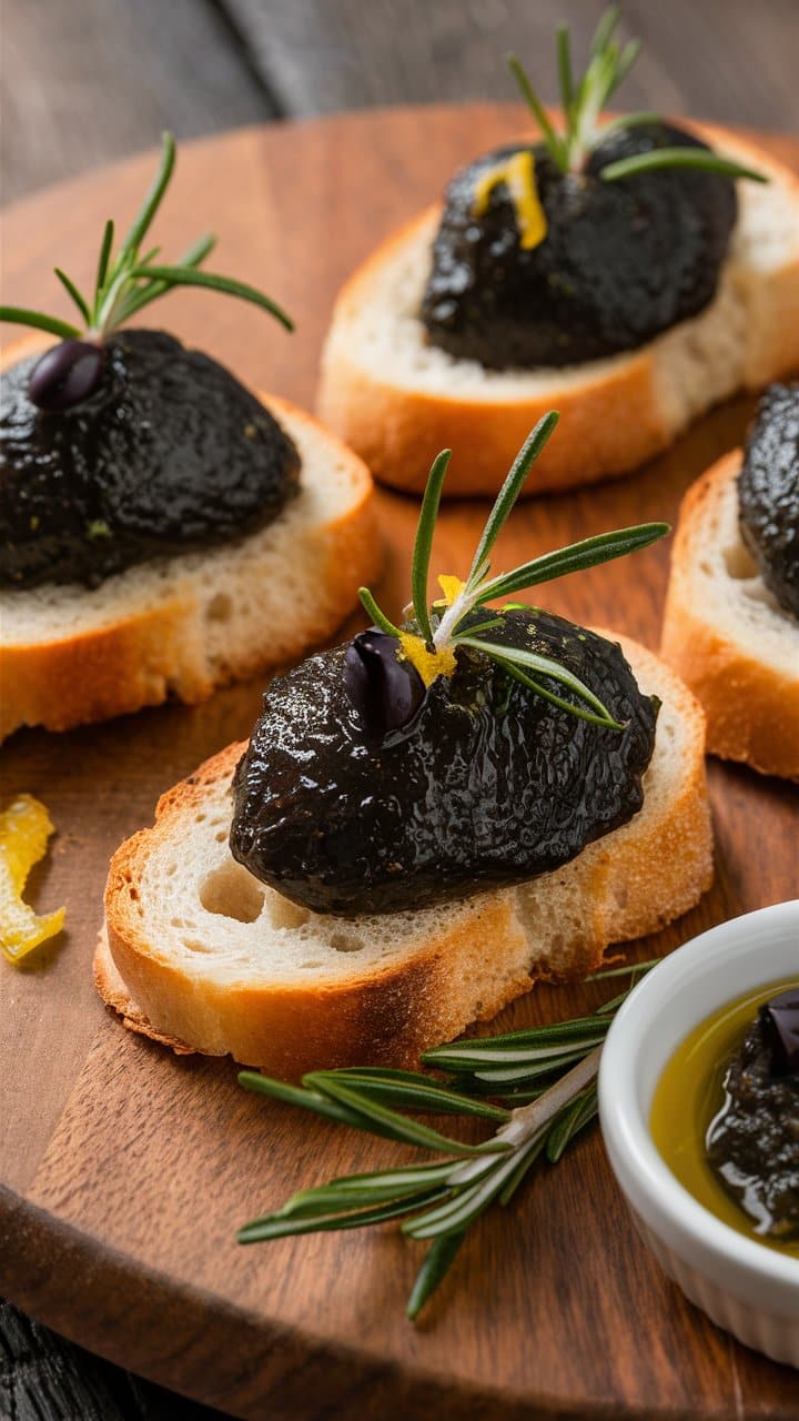 Bruschetta à la tapenade et romarin sur planche.