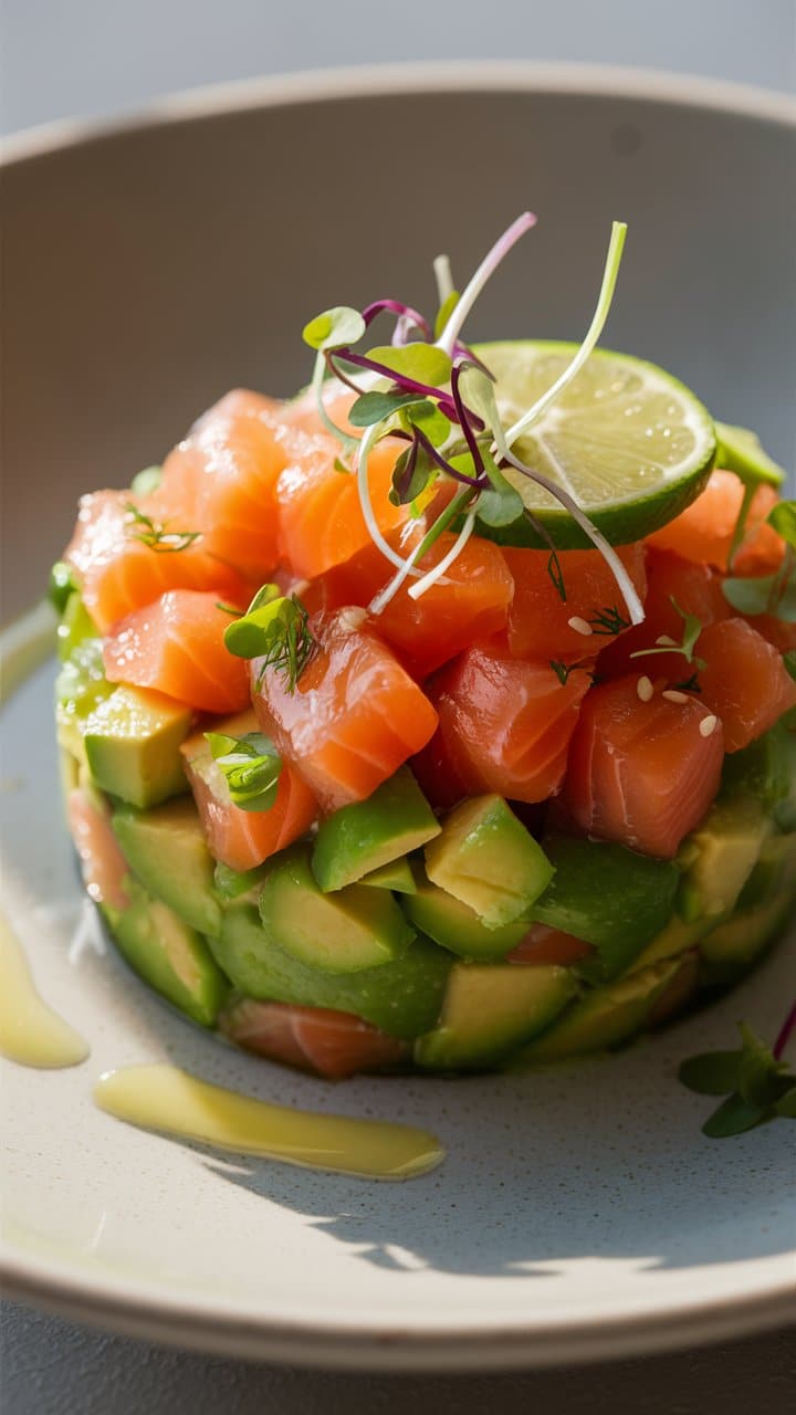 Tartare de saumon et avocat avec citron vert.