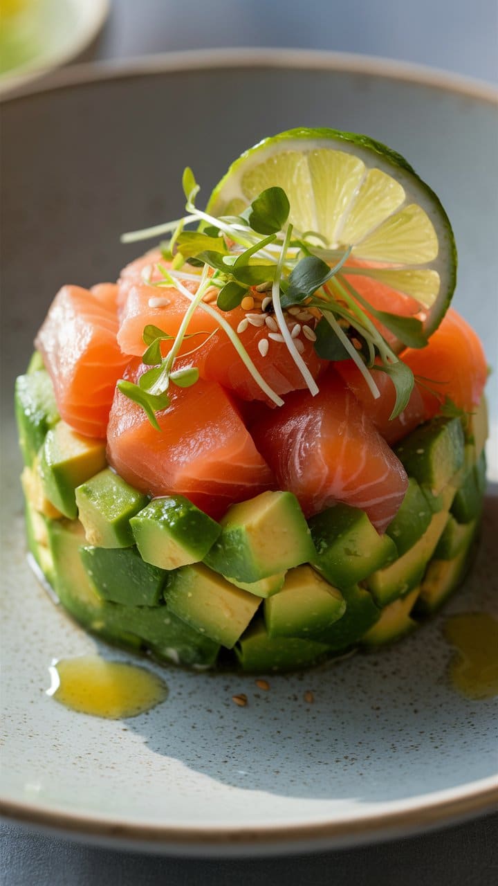 Tartare saumon-avocat avec citron et cresson