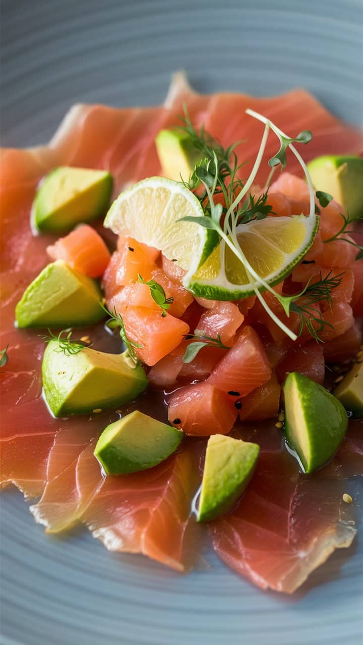Carpaccio de saumon avec avocat et citron vert.
