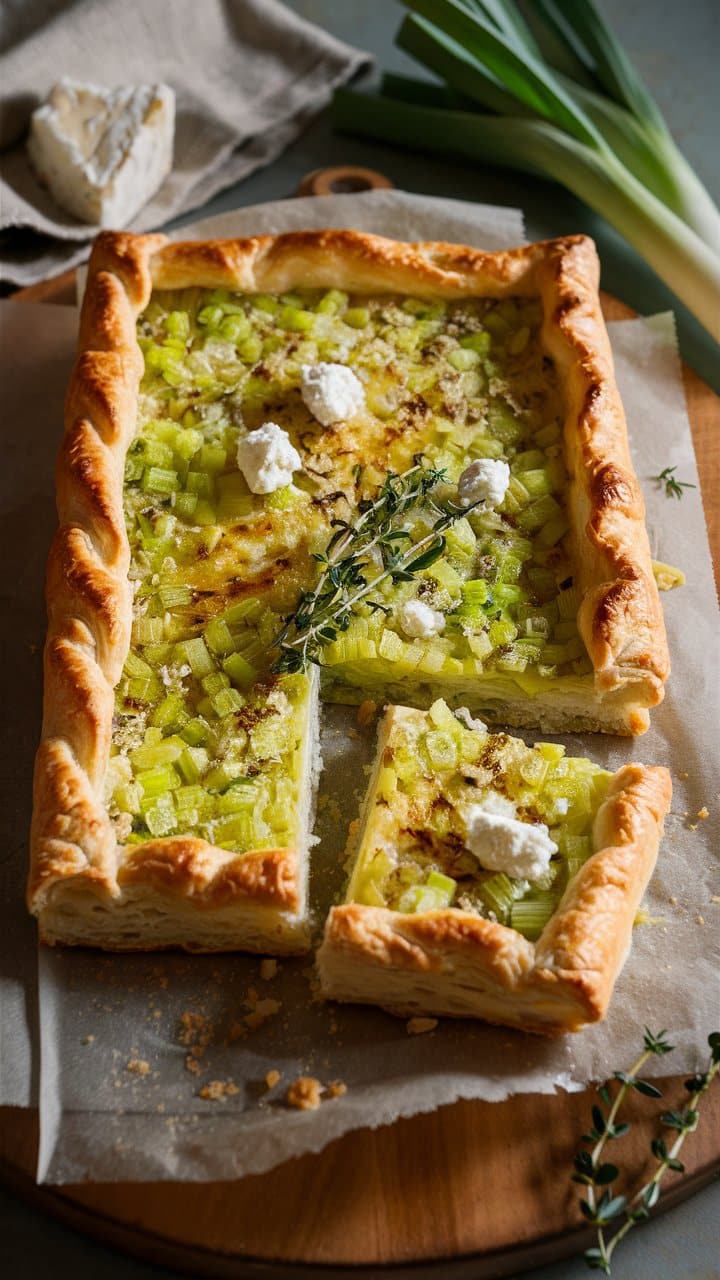 Tarte aux poireaux et fromage sur une table.
