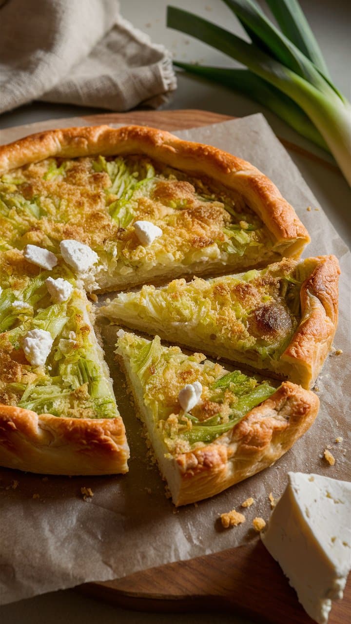 Tarte aux poireaux coupée en parts