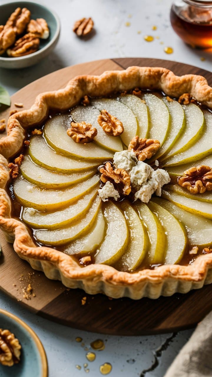 Tarte aux poires et noix sur table en bois.