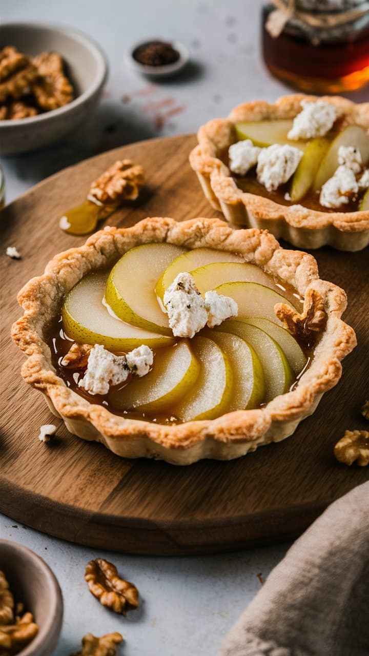 Tarte aux poires et noix sur planche en bois.