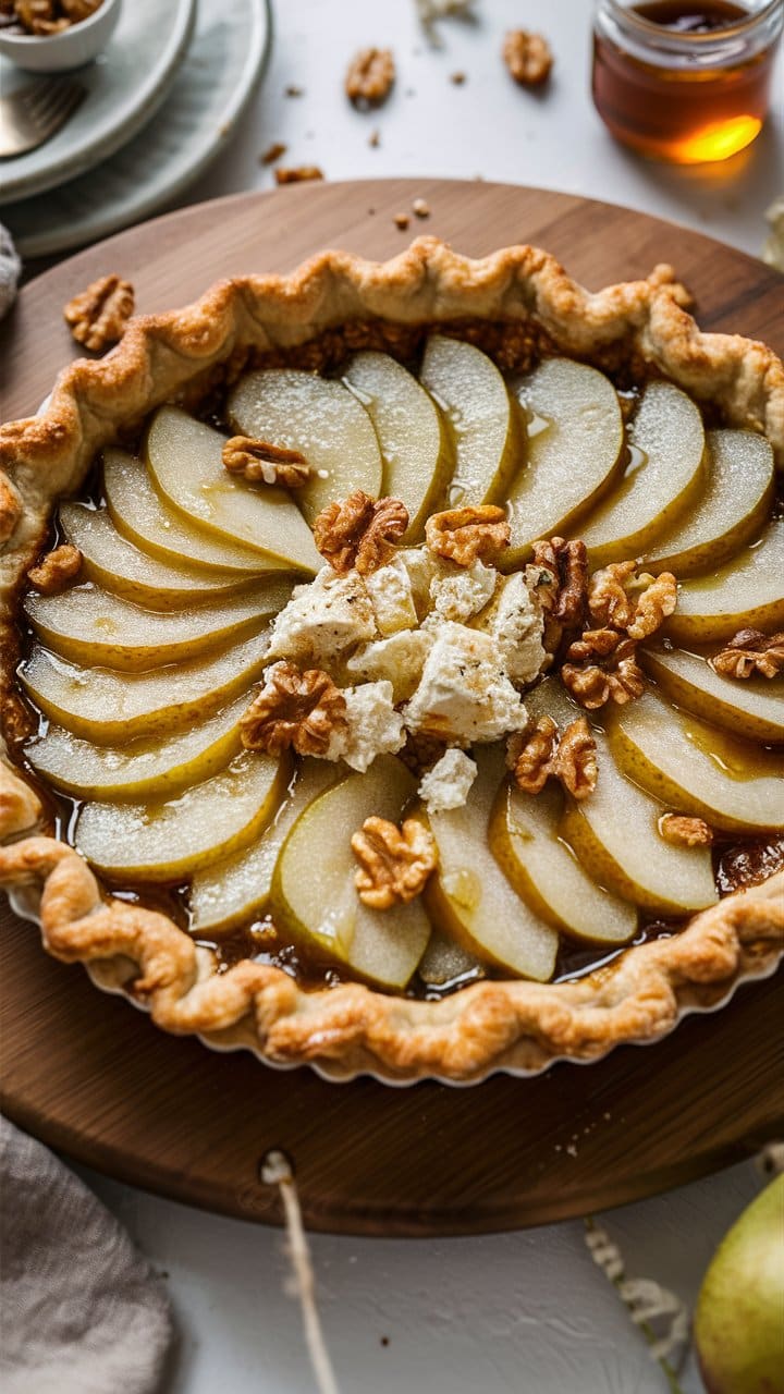 Tarte aux poires et noix, miel en arrière-plan.