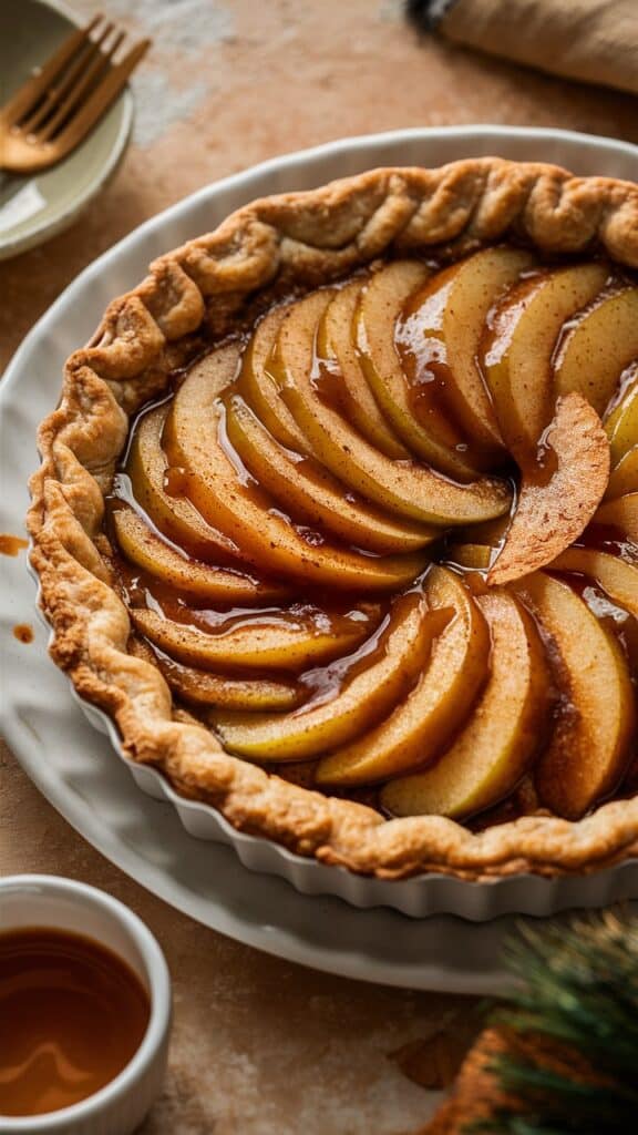 Tarte aux pommes caramélisées en gros plan