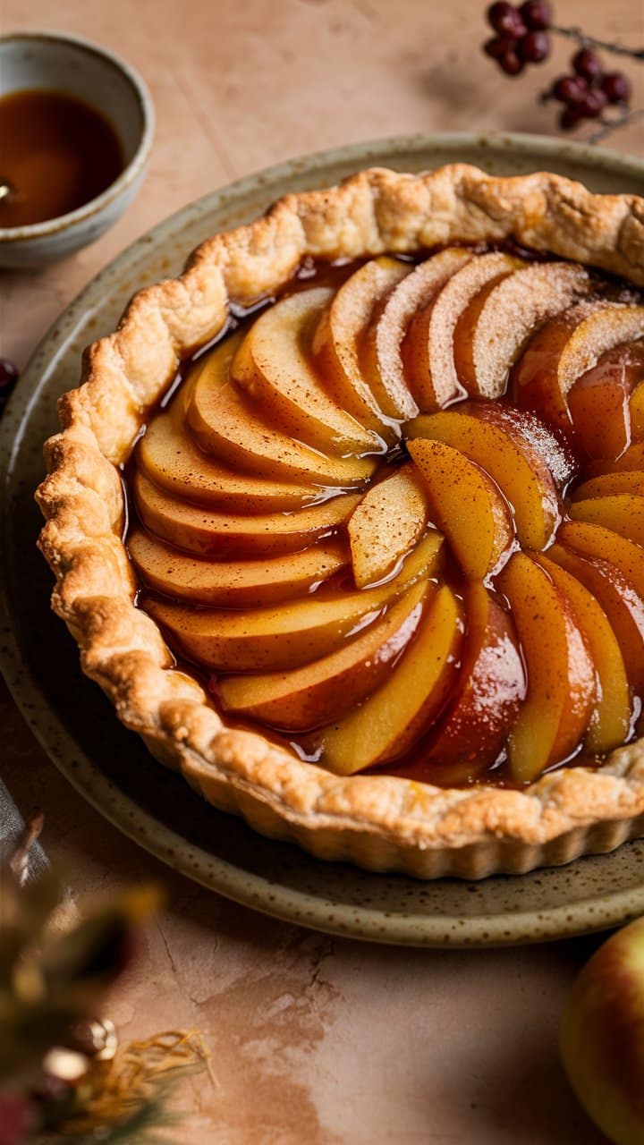 Tarte aux pommes caramélisées sur assiette.