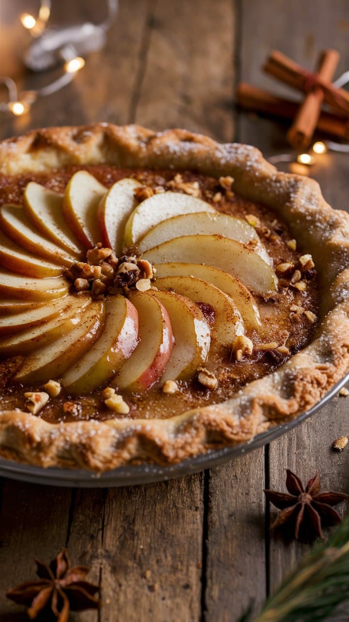 Tarte aux pommes avec noix sur table en bois.