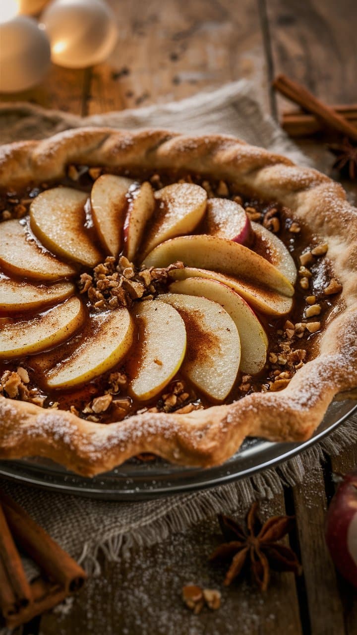 Tarte aux pommes et noix sur table en bois.