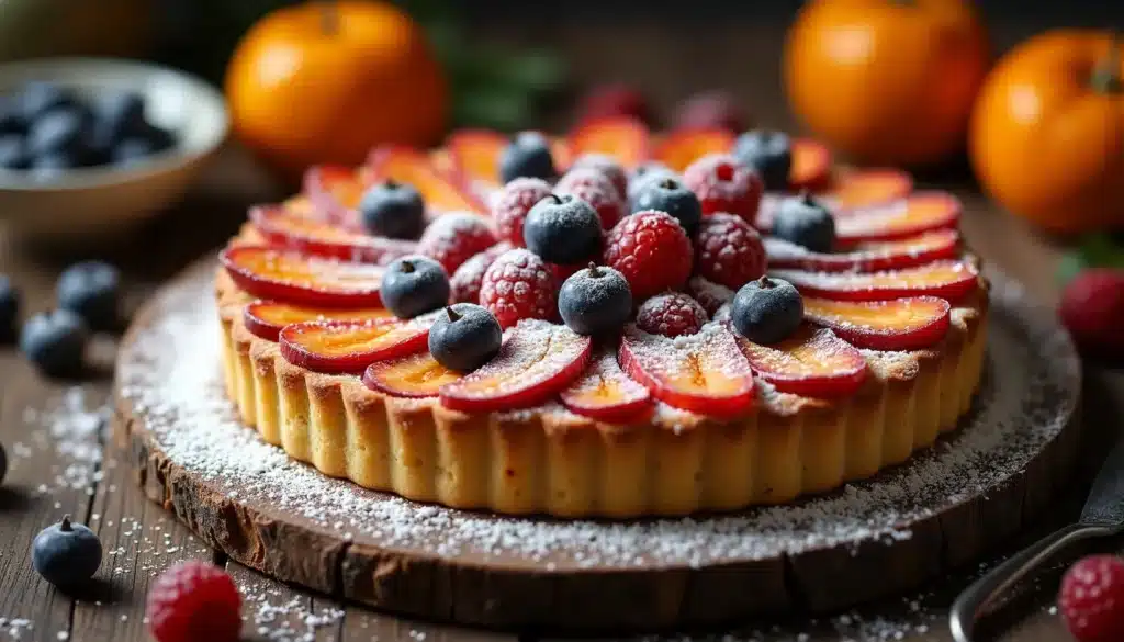 Tarte aux fruits avec baies et sucre glace.