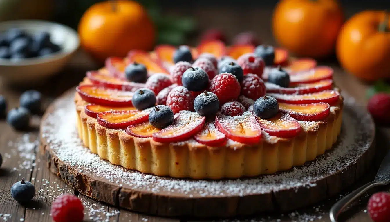 Tarte aux fruits avec baies et sucre glace.