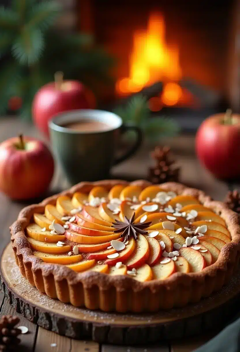 Tarte aux pommes devant feu de cheminée.