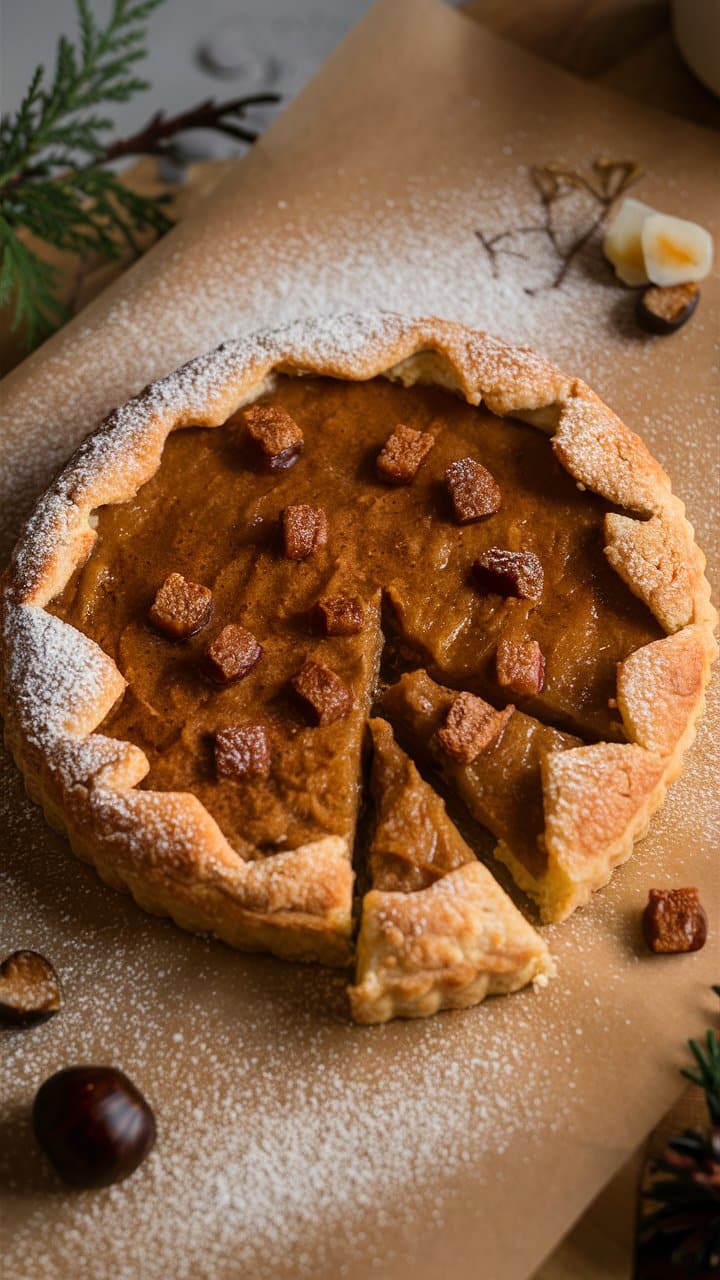 Tarte sucrée à la cannelle et biscuits.