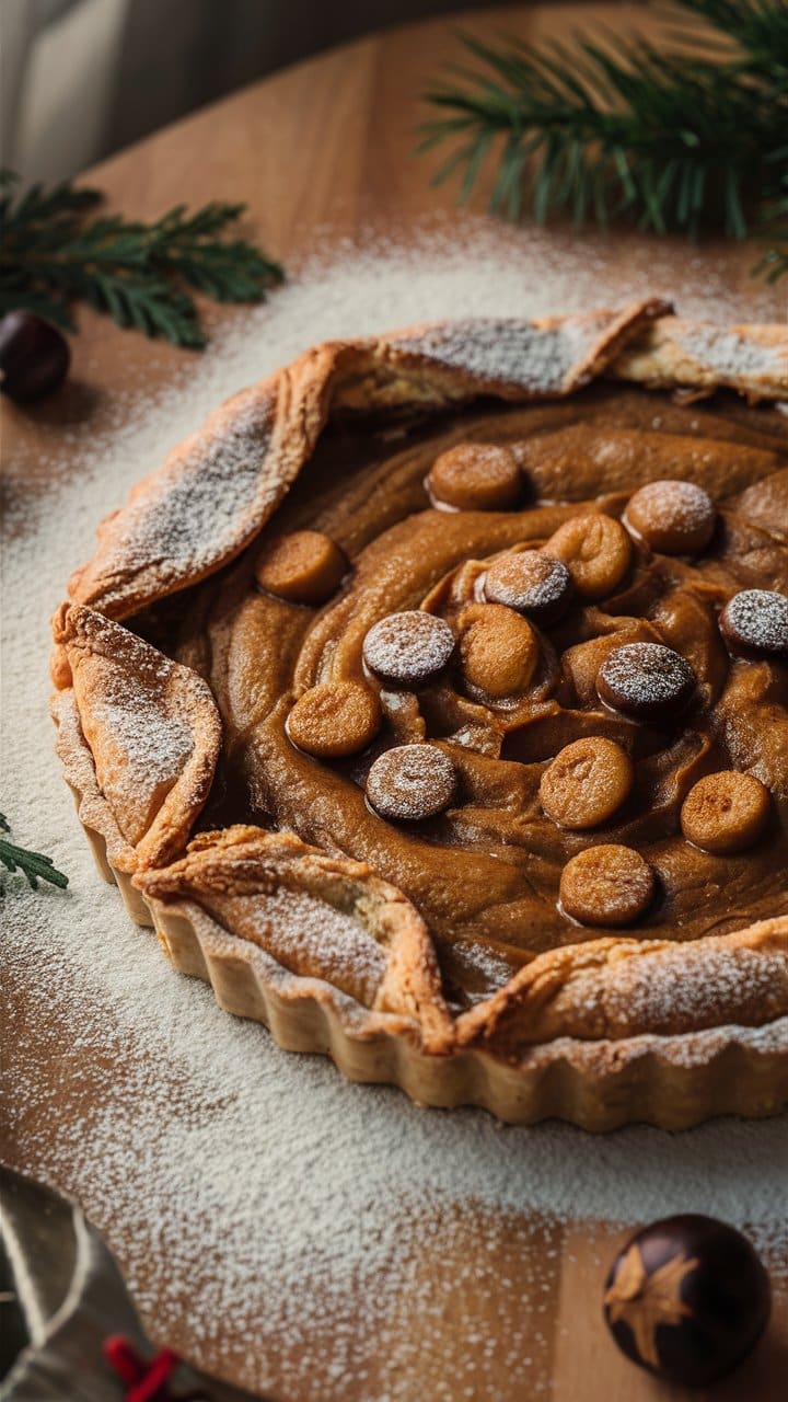 Tarte sucrée décorée avec sucre glace et biscuits.