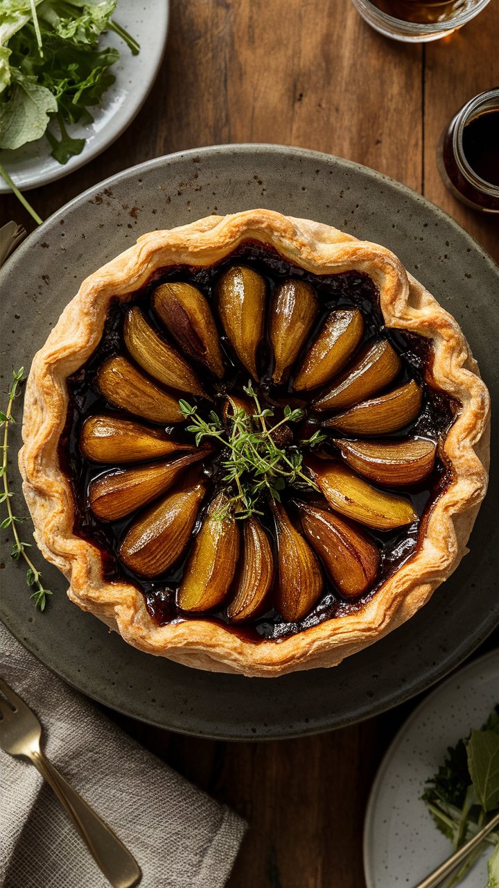Tarte aux oignons caramélisés sur assiette grise.