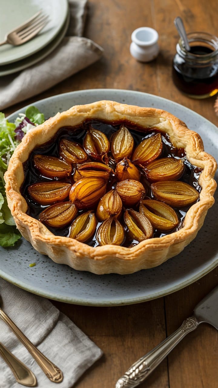 Tarte aux oignons caramélisés sur assiette grise.