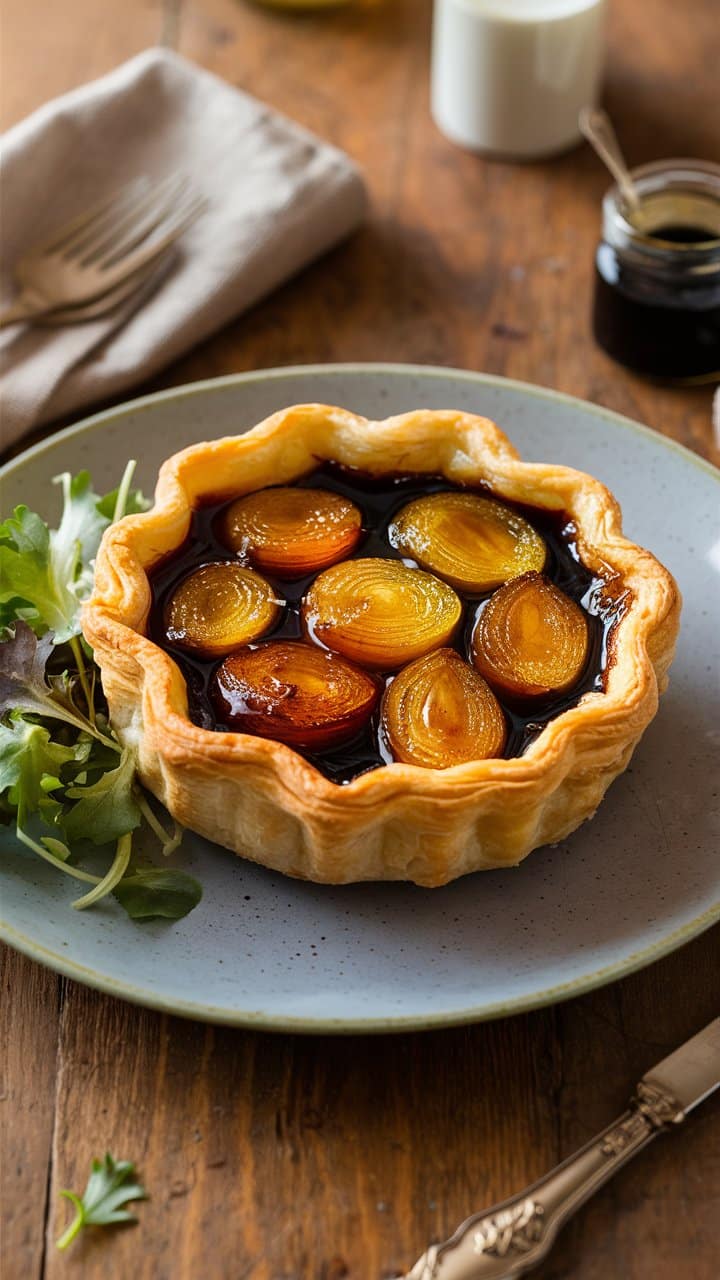 Tarte tatin aux oignons caramélisés sur assiette grise.