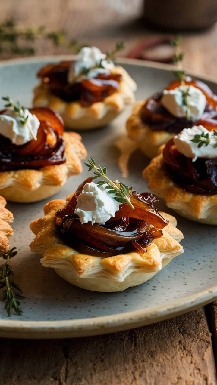 Tartelettes aux oignons caramélisés et crème fraîche.
