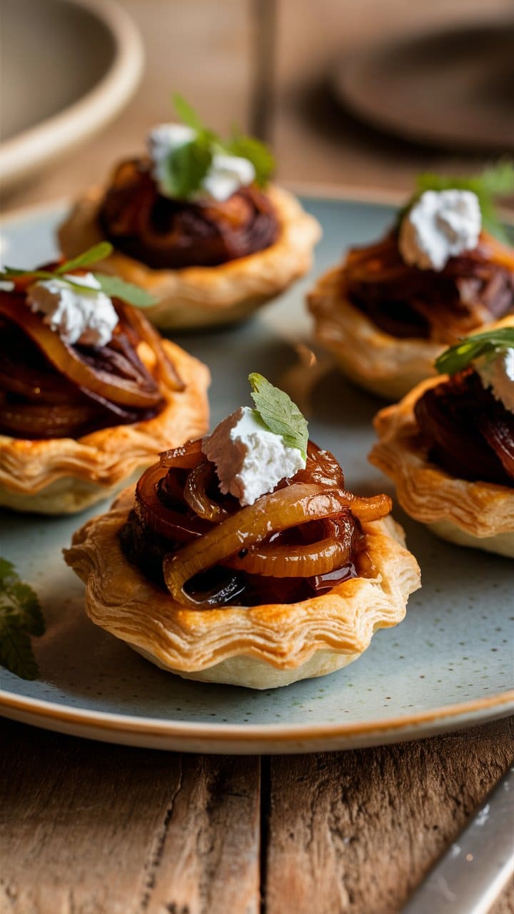 Tartelettes aux oignons caramélisés, fromage, et herbes fraîches.