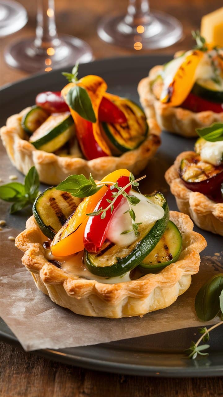 Tartelettes de légumes grillés gourmandes sur assiette noire.