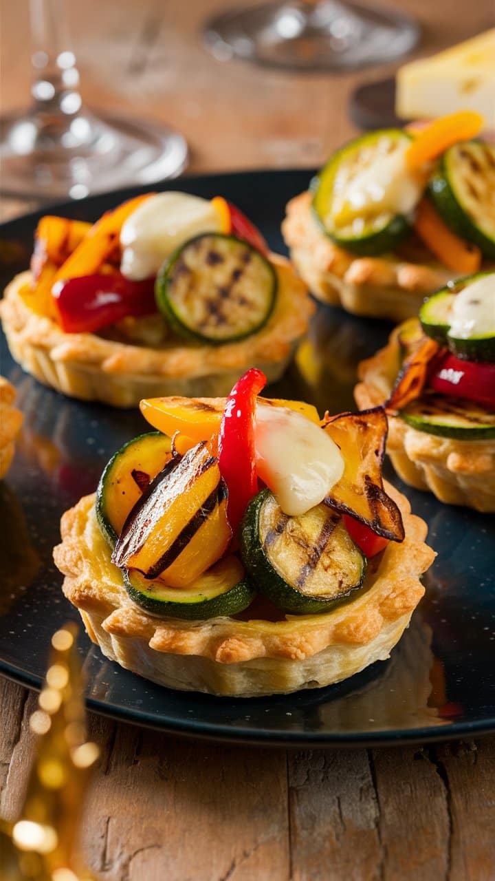 Tartelettes aux légumes grillés sur assiette noire.