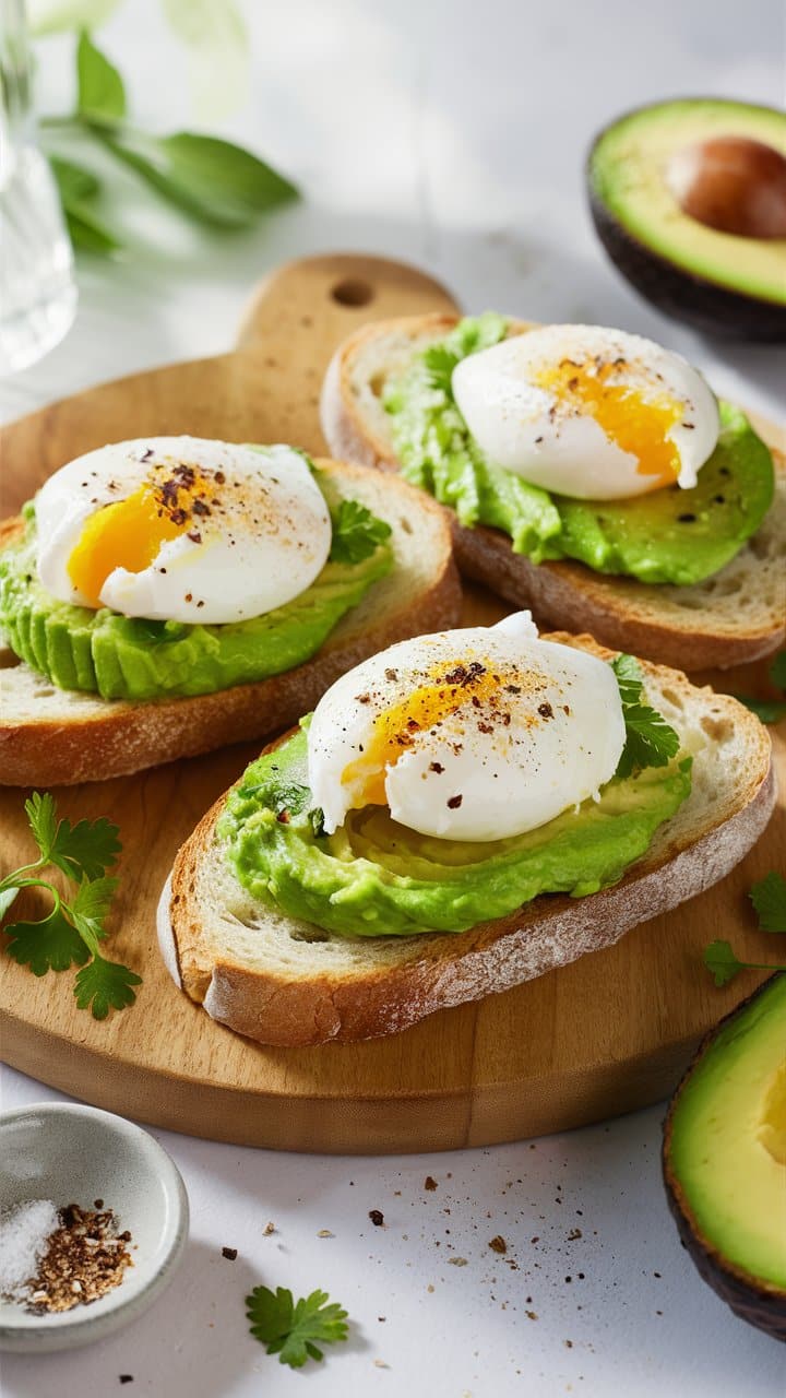 Tartines avocat, œufs pochés sur planche bois.