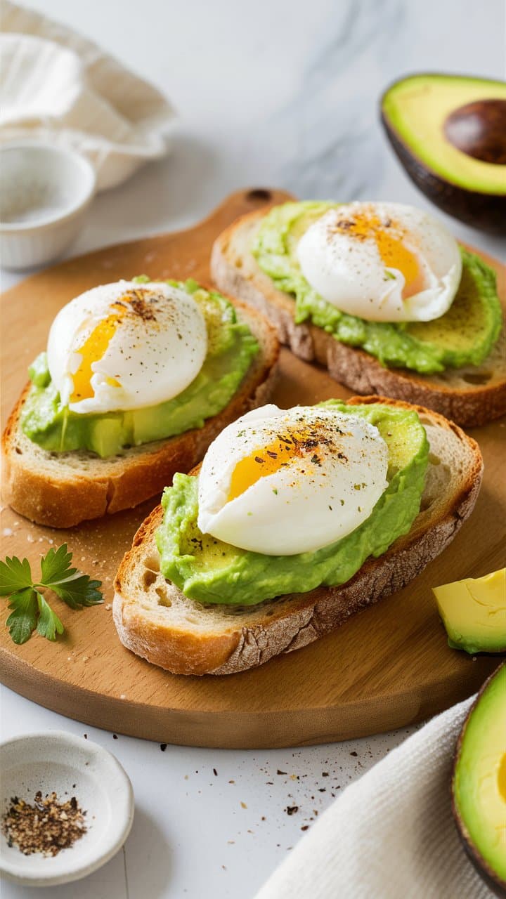 Tartines avocat œuf poché sur planche bois