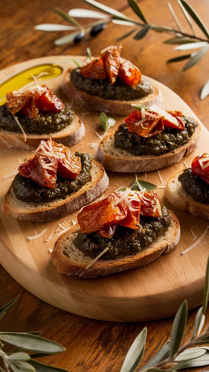 Bruschetta tomates séchées et tapenade sur planche.