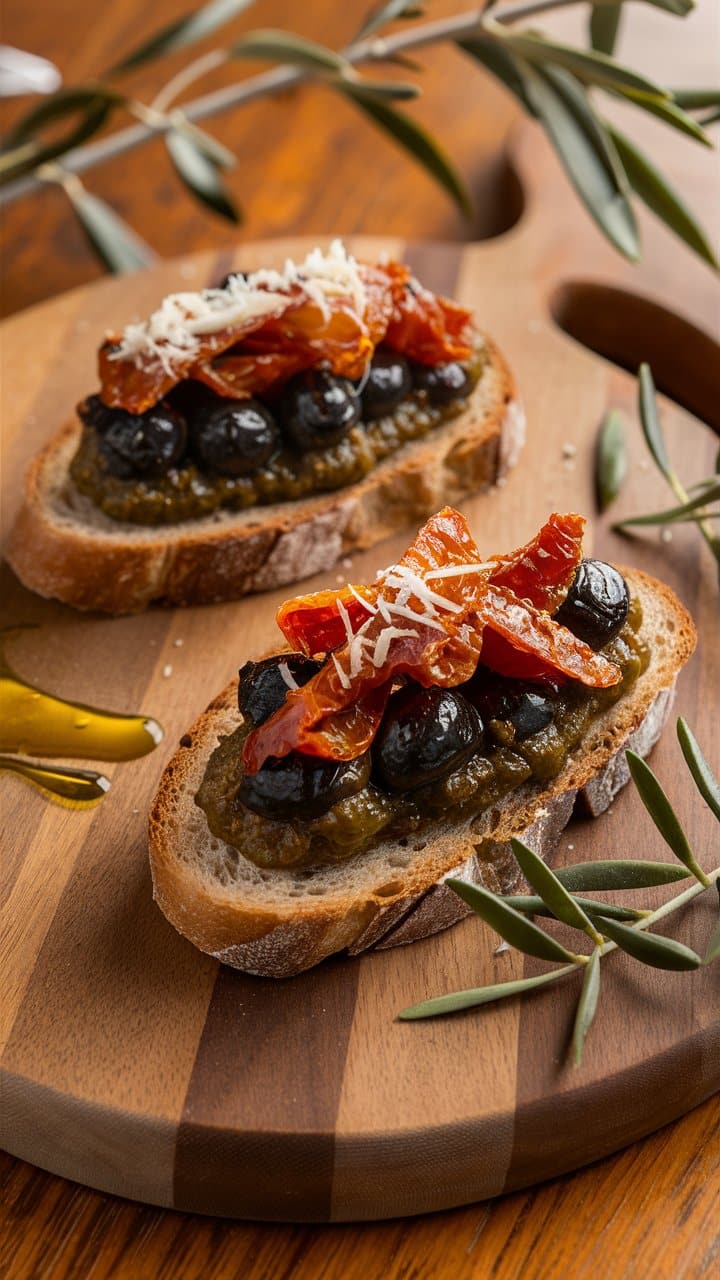 Bruschetta avec tapenade, olives noires et tomates séchées.