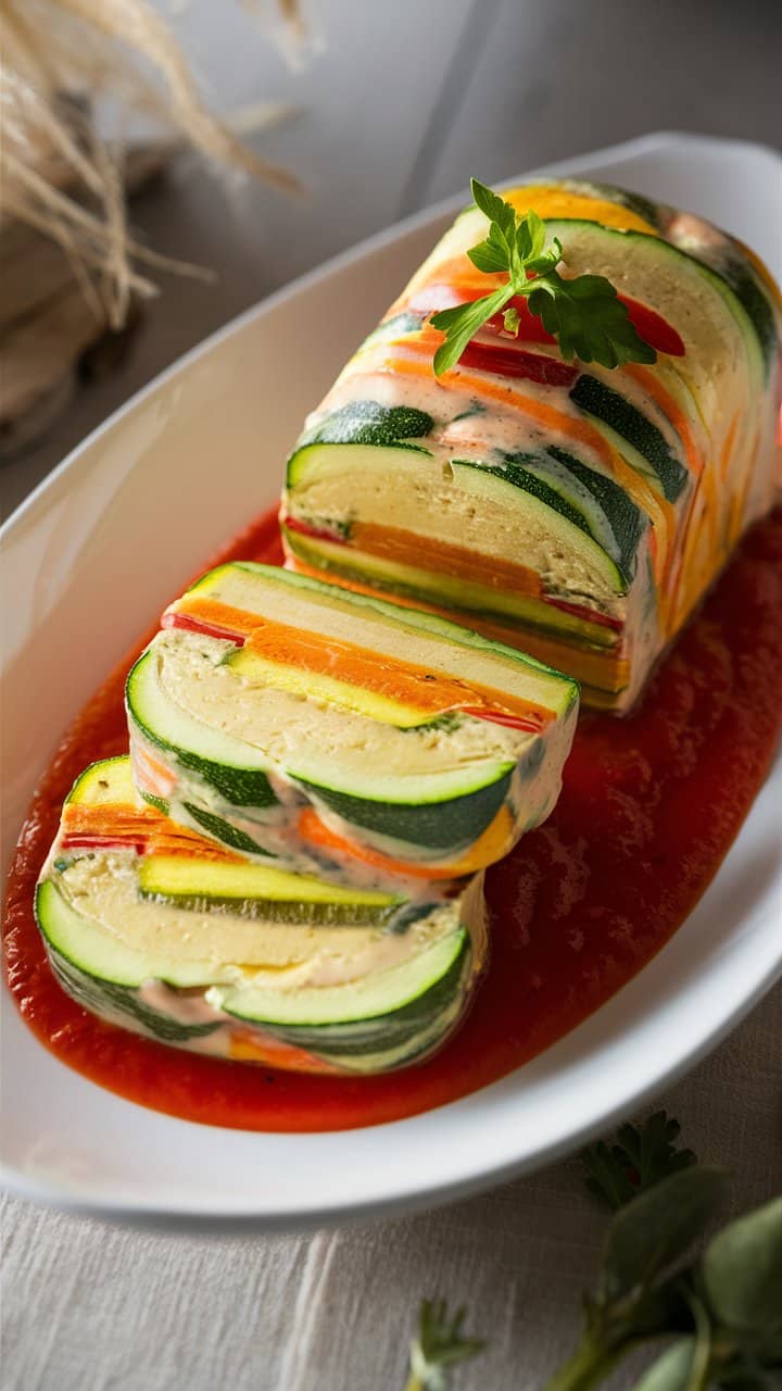 Terrine de légumes tranchée sur sauce tomate.