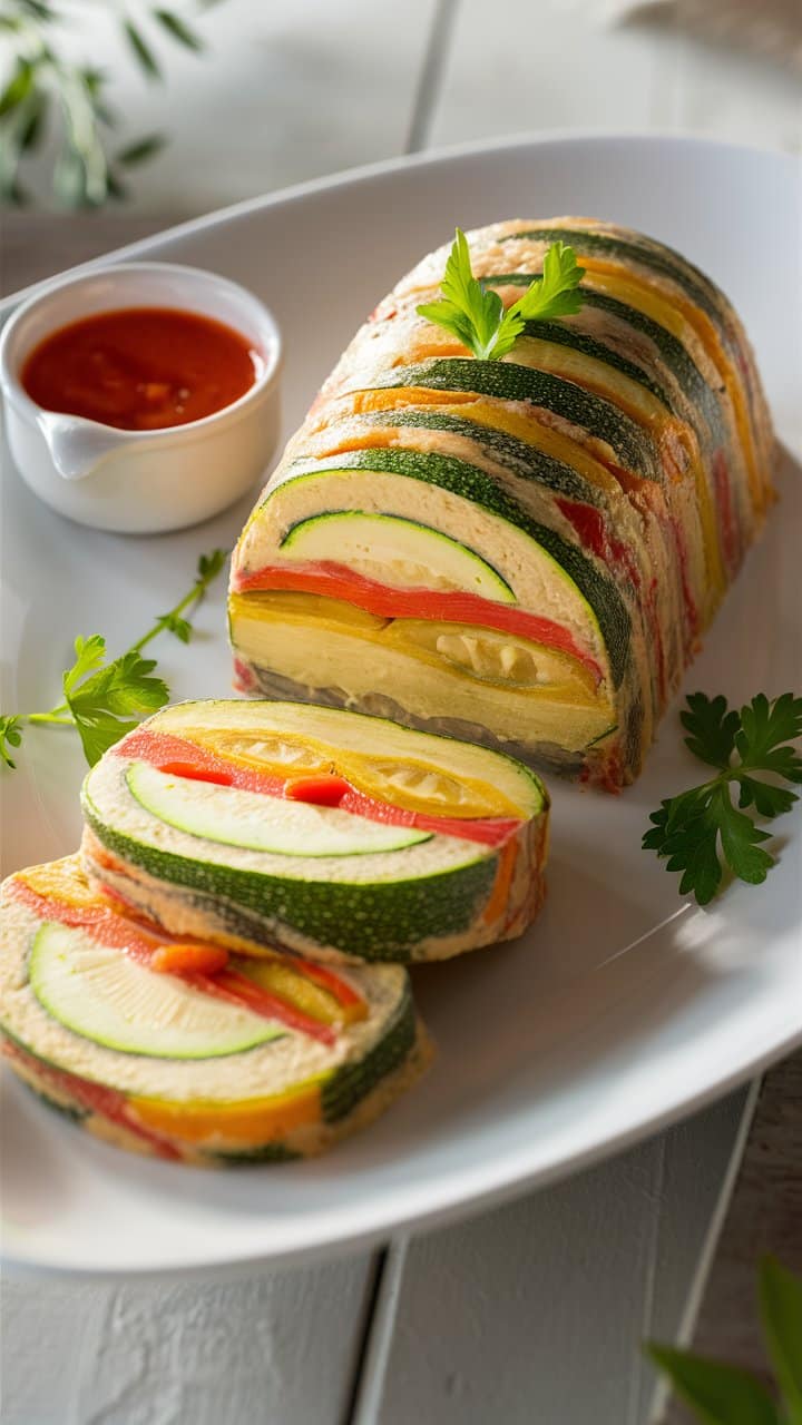 Terrine de légumes colorée avec sauce tomate.