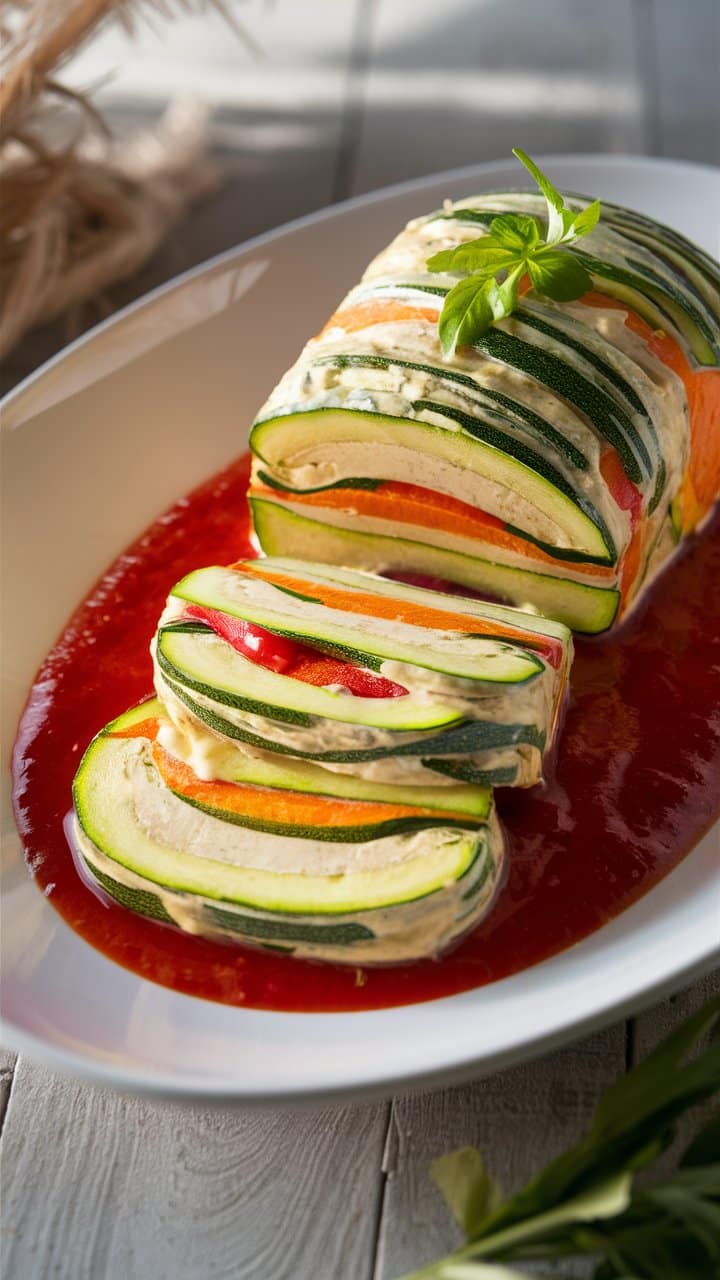 Terrine de légumes colorée avec sauce tomate.