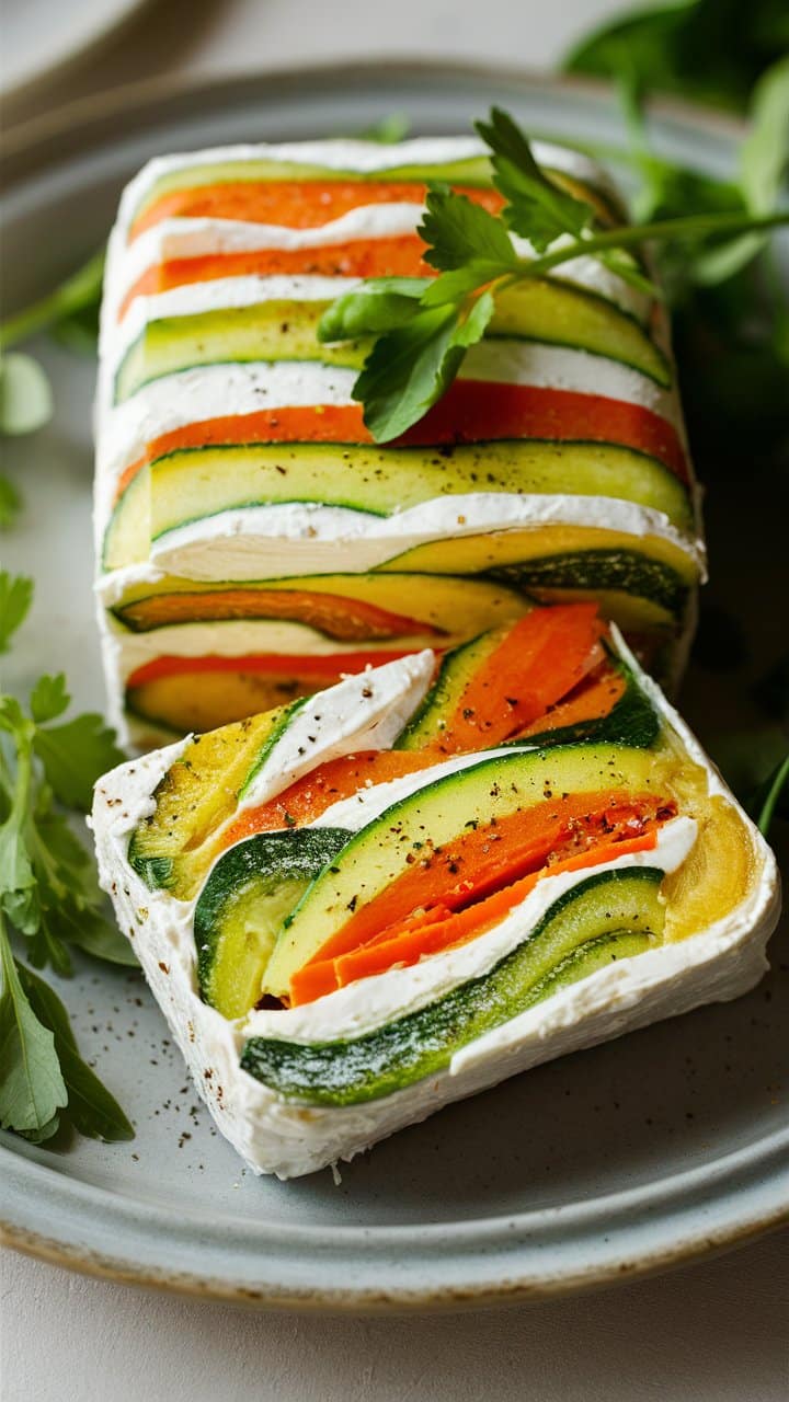 Terrine de légumes colorée avec fromage frais.