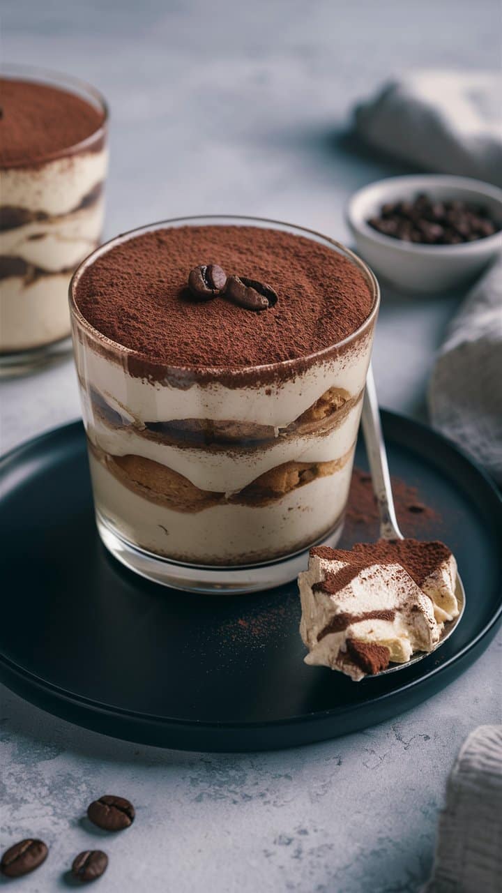 Tiramisu en verrine avec cacao saupoudré.