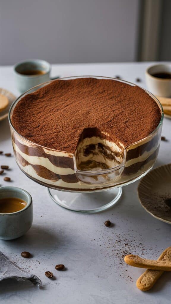 Tiramisu dans un plat en verre avec cacao.