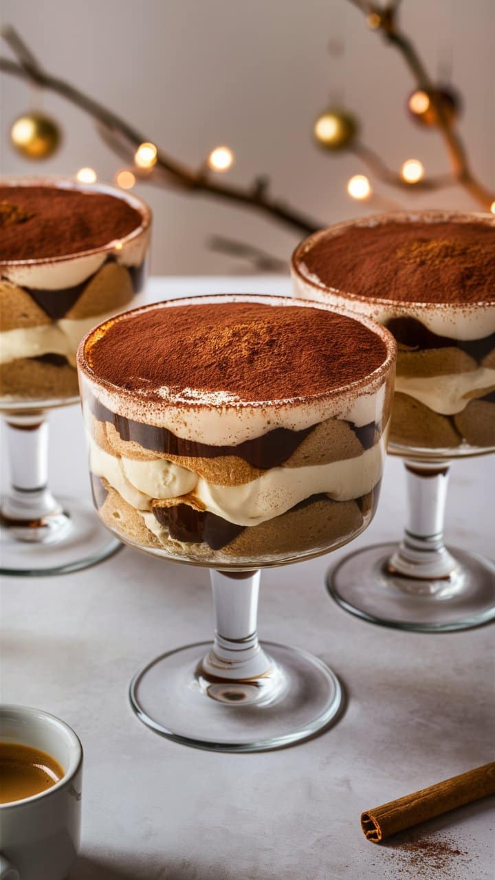 Trois verrines de tiramisu décorées de cacao.