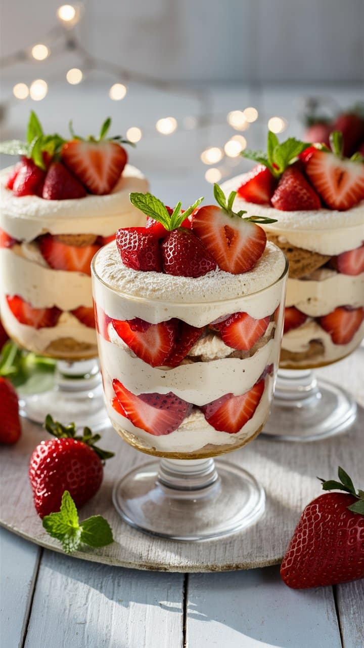 Tiramisu aux fraises et crème, présentation élégante.