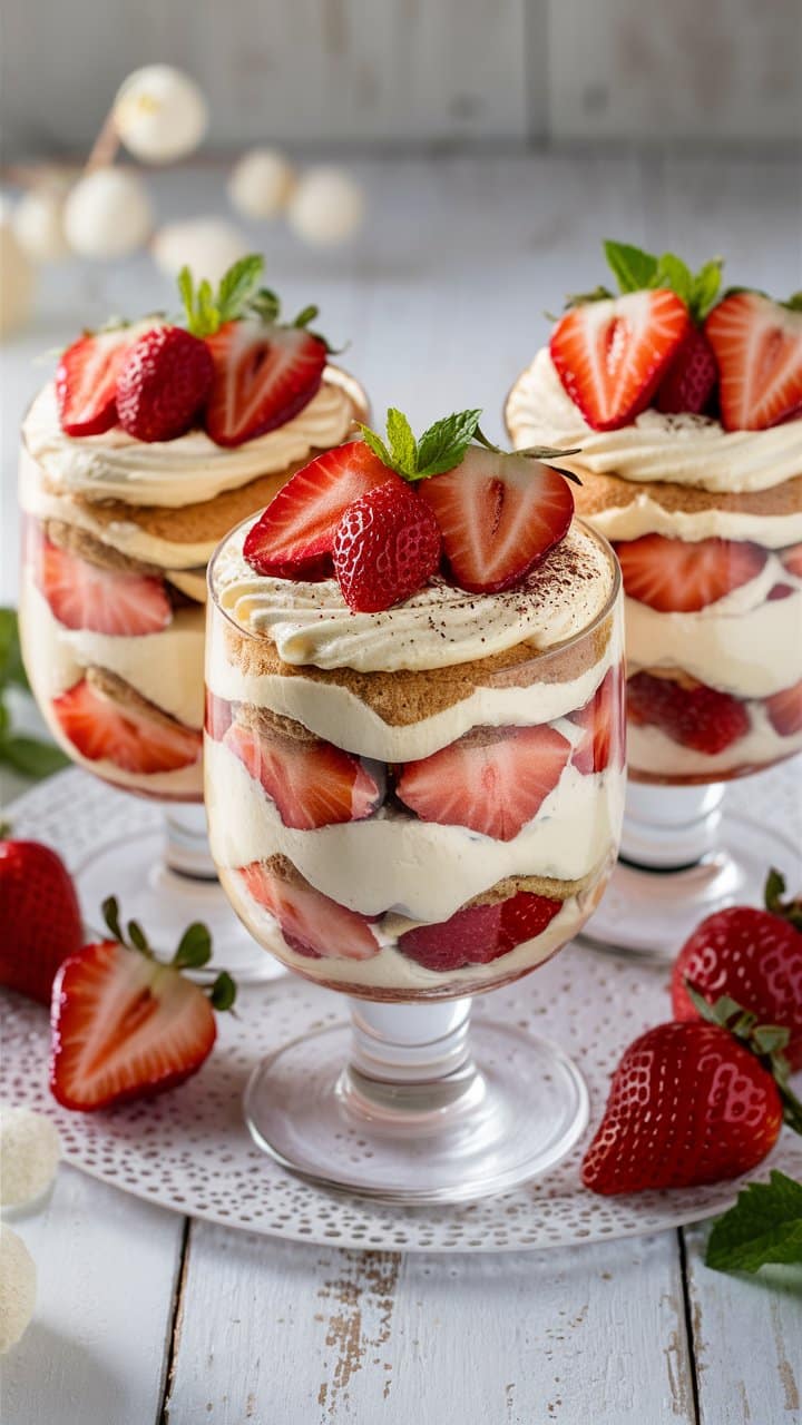 Verrines de tiramisu aux fraises et crème.