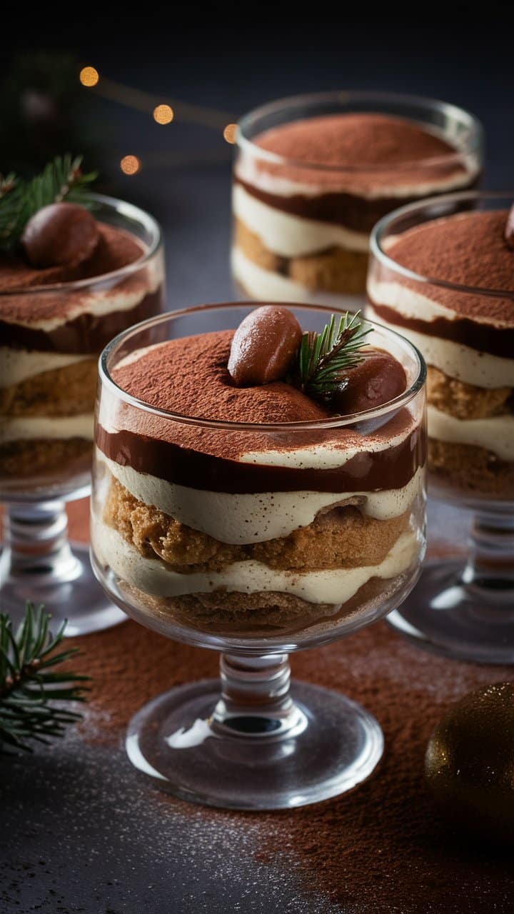 Tiramisu en verrines avec cacao et crème.