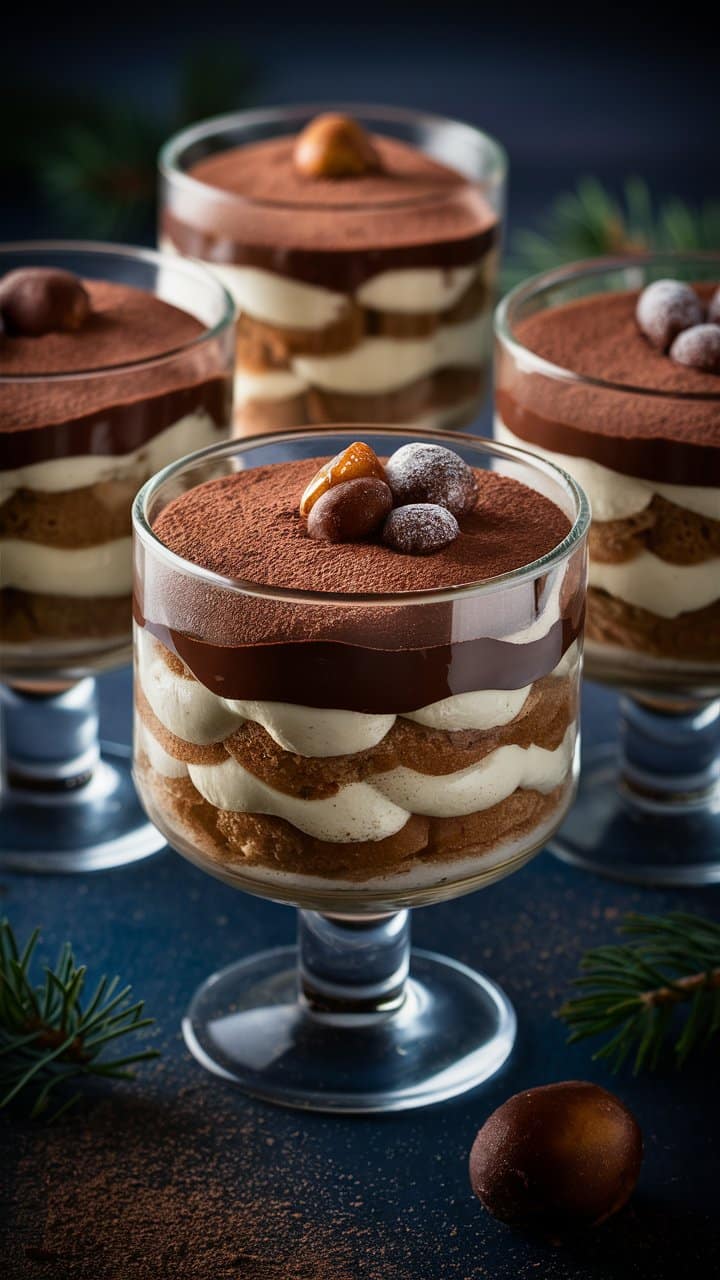 Tiramisu en verrines avec décoration chocolatée.