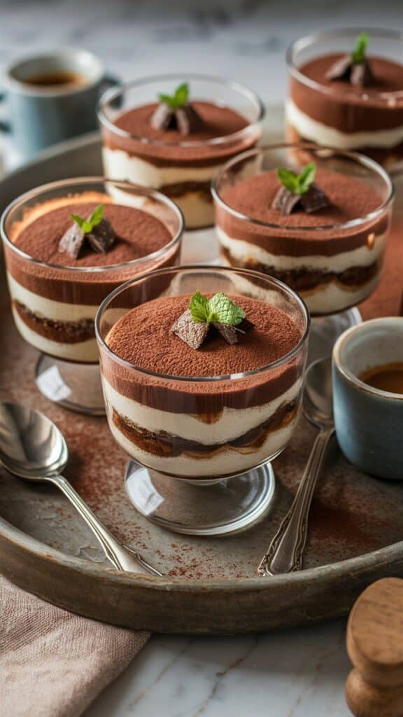 Verres de tiramisu avec déco menthe.